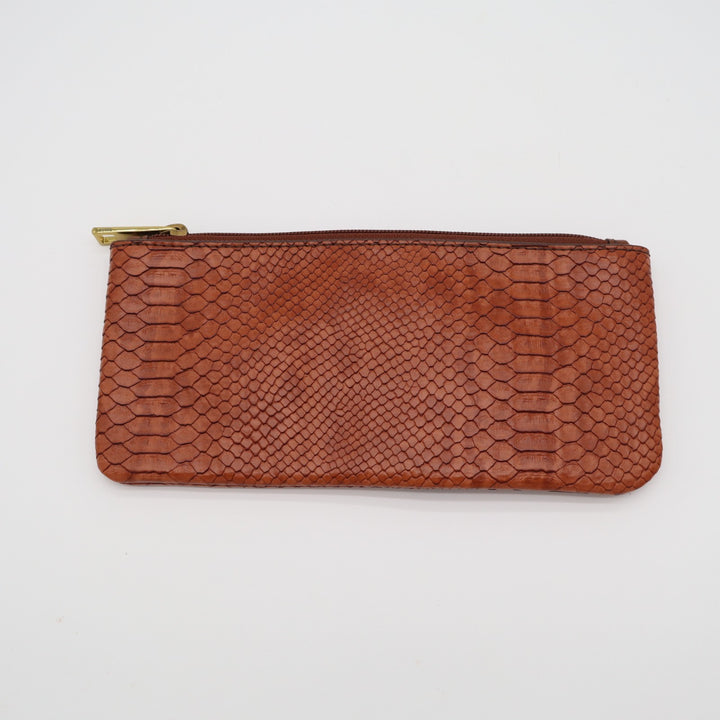 Wallet Womens Brown Faux Leather Snakeskin Pattern Zipper Clutch Purse