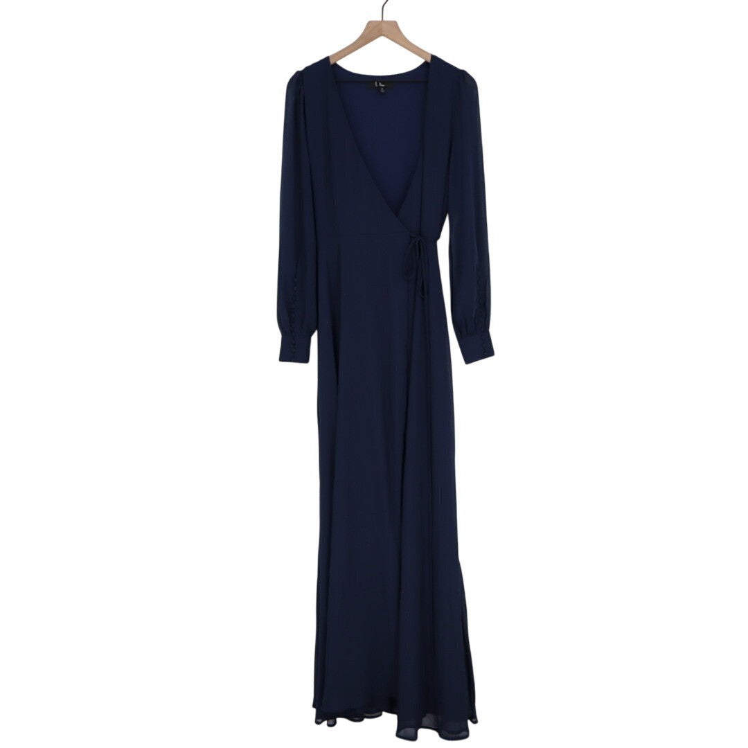 Lulus My Whole Heart Wrap Dress Womens Medium Midnight Blue Long Sheer Sleeves