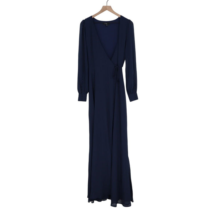 Lulus My Whole Heart Wrap Dress Womens Medium Midnight Blue Long Sheer Sleeves