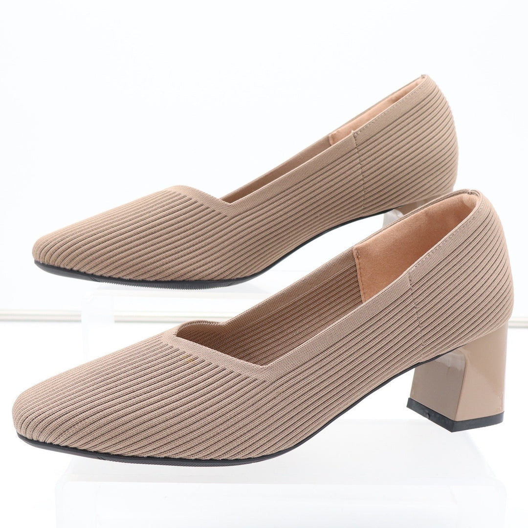 Taupe Ribbed Knit Block Heel Pumps Square Toe Comfort Insole Size 41