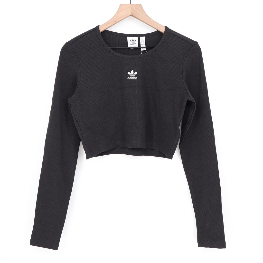 Adidas Originals Womens ESS CROP LS Black Ribbed Long Sleeve Crop Top L