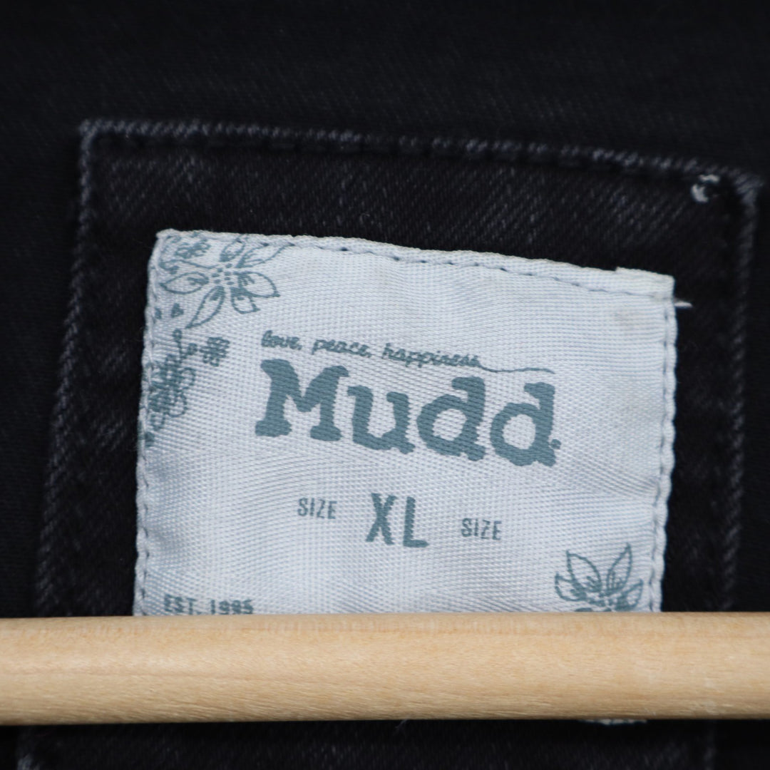 Mudd Trucker Jacket Womens XL Black Cotton Distressed Spread Collar Long Sleeve