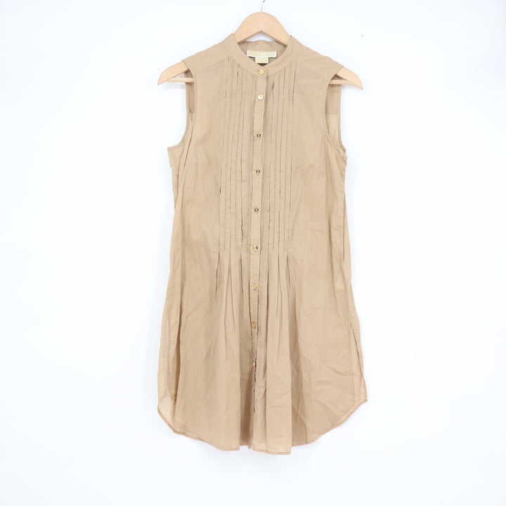 Michael Michael Kors Tan Cotton Pintuck Sleeveless Button Down Tunic Top Size 6