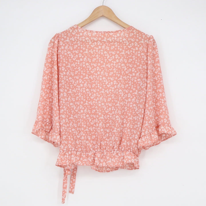 Sienna Sky Coral Pink Floral Wrap Peplum Blouse Ruffle 3/4 Sleeve Large