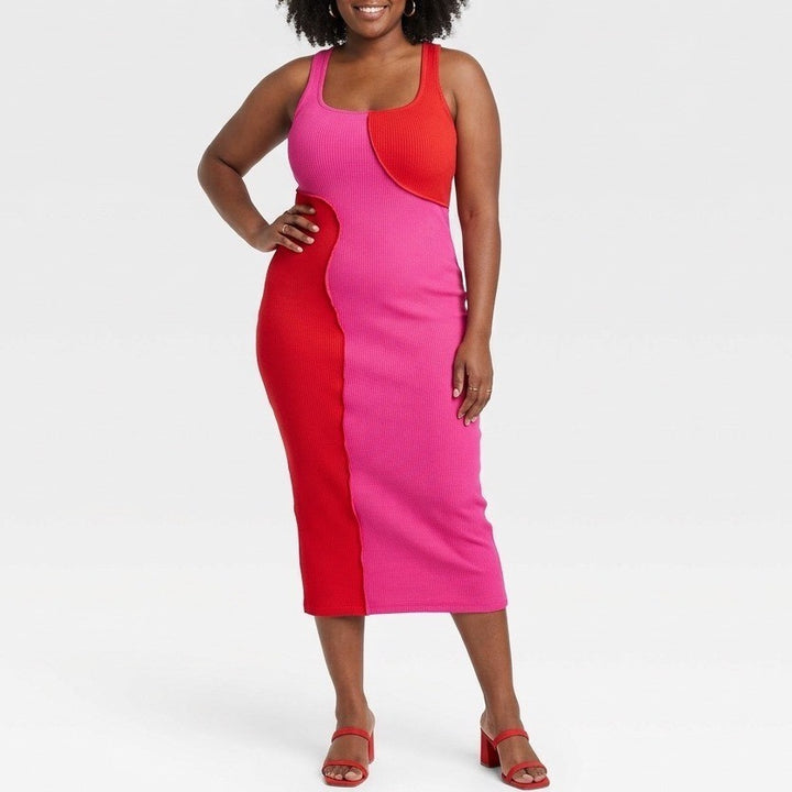 Naked Wardrobe Pink Red Colorblock Ribbed Midi Bodycon Dress Large