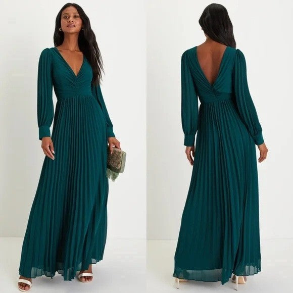 Lulus Sophisticated Grace Emerald Green Pleated Long Sleeve Maxi Dress Size S