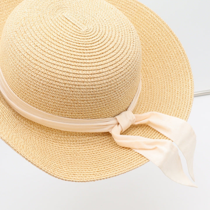 FURTALK Sun Hat Womens M/L Wide Brim Packable Straw Beige Ribbon Bow Excellent