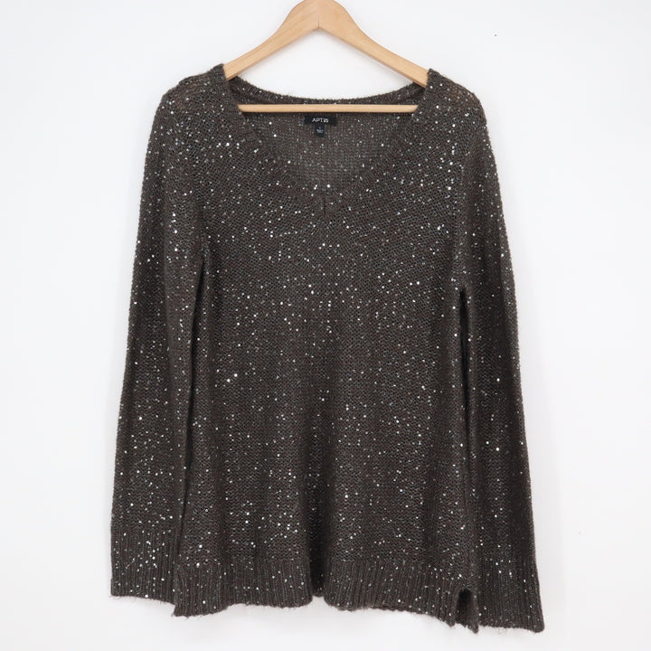 Apt 9 Womens Large Brown Sequin V-Neck Knit Sweater Long Sleeve Sparkle Pullover