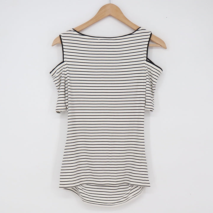 White House Black Market Top Womens S Cold Shoulder White Black Striped