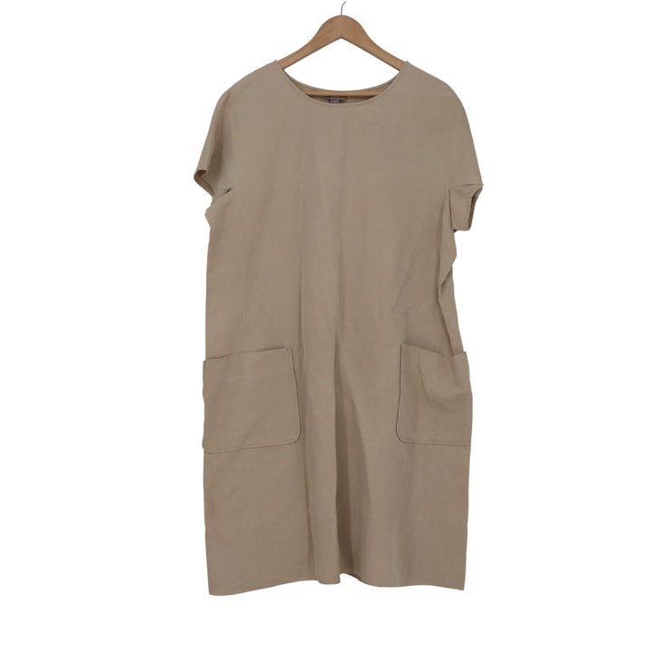 J. Jill Tan Silk Linen Blend Short Sleeve Shift Dress with Pockets Large L