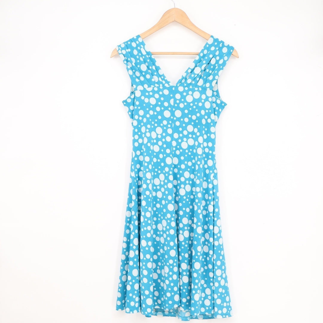 M. Elegance Paris Polka Dot Ruched V-Neck Midi Dress Turquoise Blue Size 36 FR