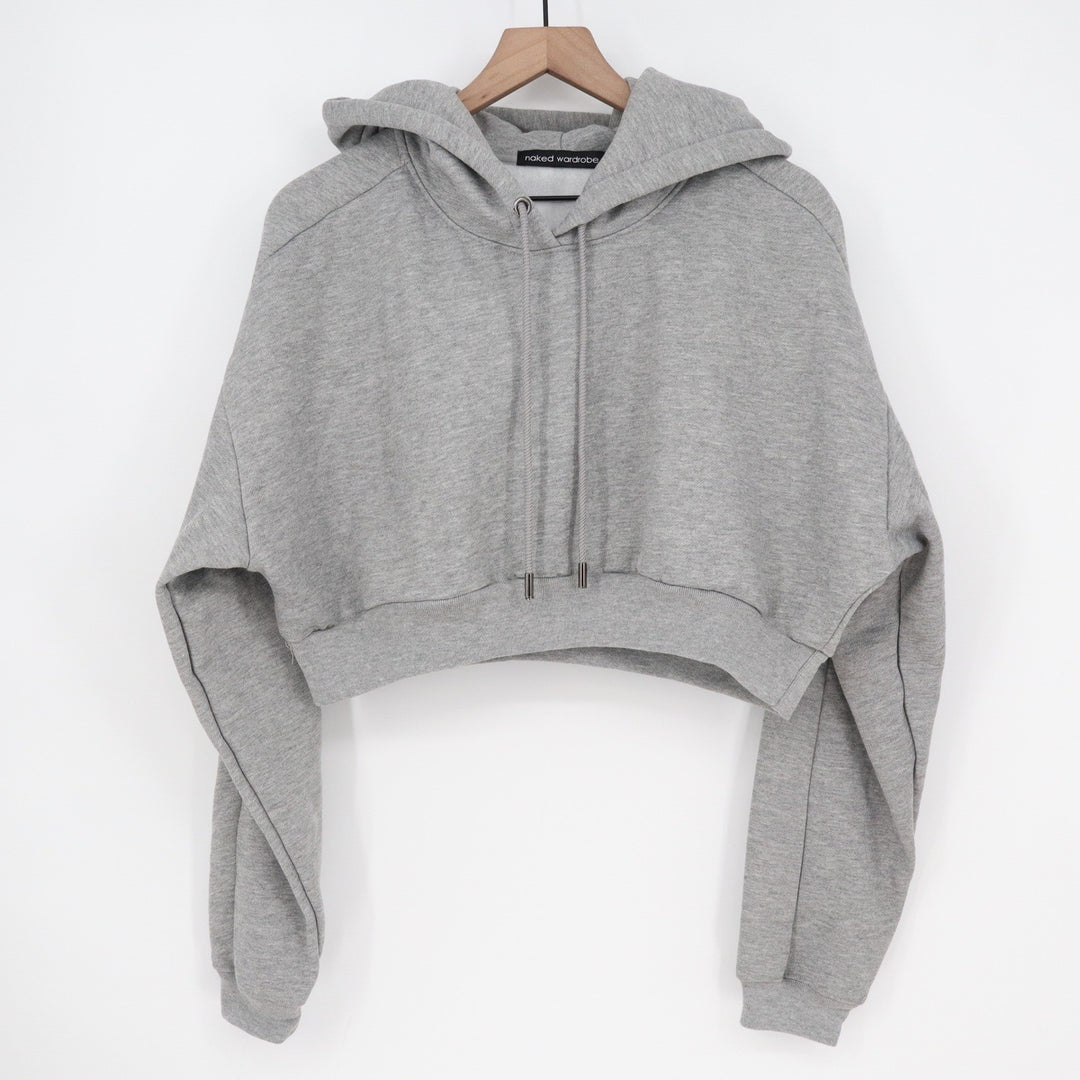 Naked Wardrobe Womens Cropped Hoodie Gray Fleece Lined Sweatshirt L