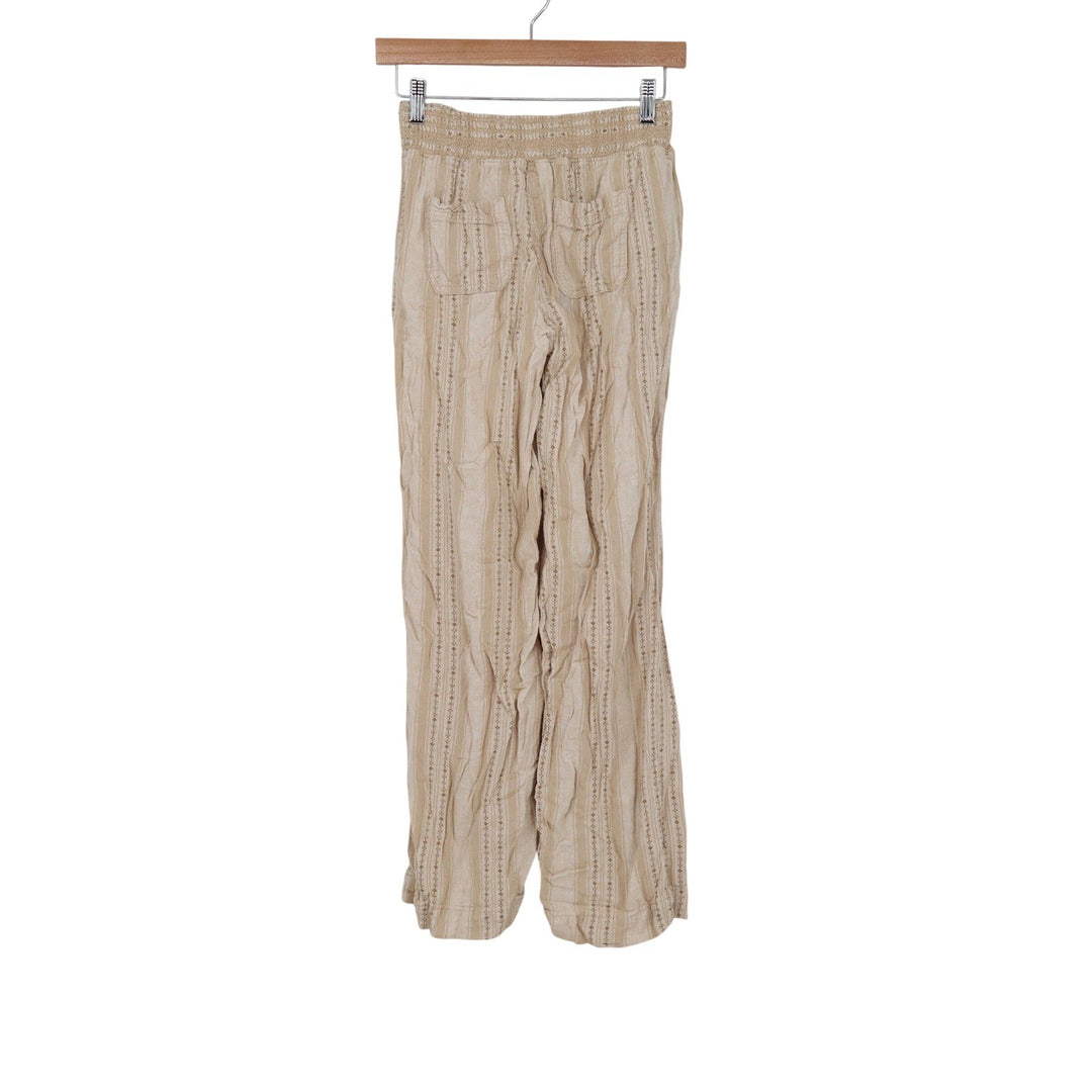 Briggs Womens XS Tan Linen Blend Striped Embroidered Smocked Waist Pants