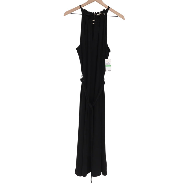 Michael Kors Black Halter Neck Midi Dress Ruffle Keyhole Ring Belted Large NEW