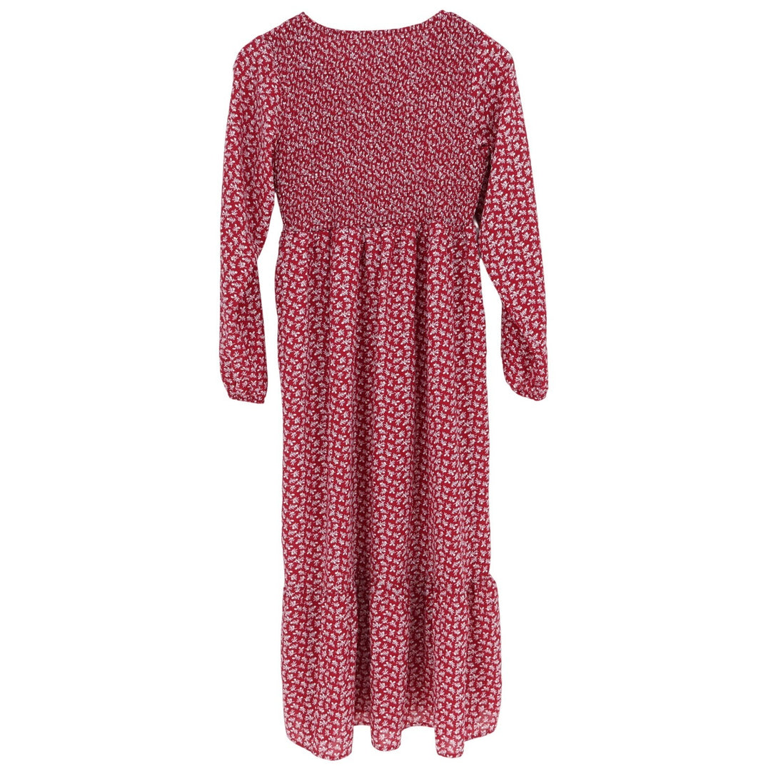 Unbranded Red Floral Smocked Tiered Midi Dress Long Sleeve Medium Boho