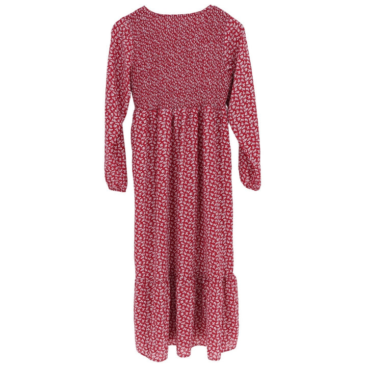 Unbranded Red Floral Smocked Tiered Midi Dress Long Sleeve Medium Boho