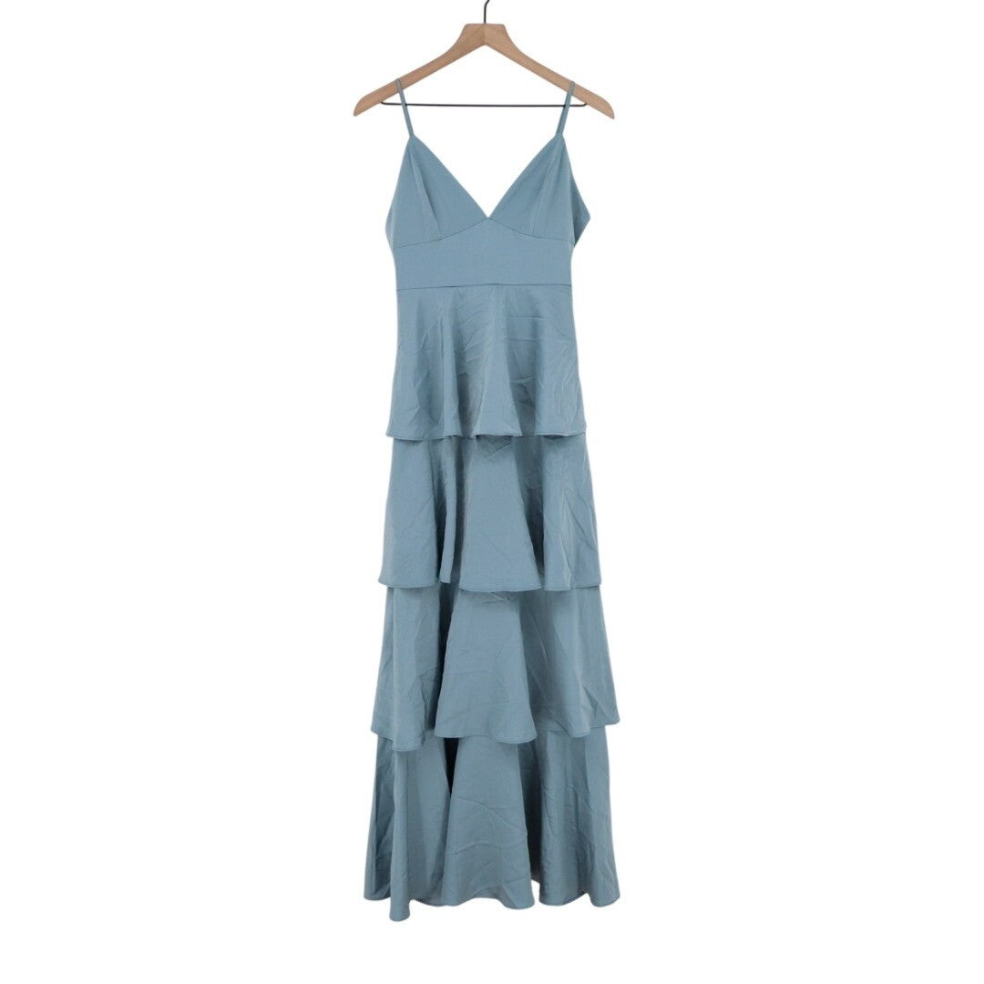 Lulus Going with Elegance Gown Dress Women Small Slate Blue Stretch Satin Tiered