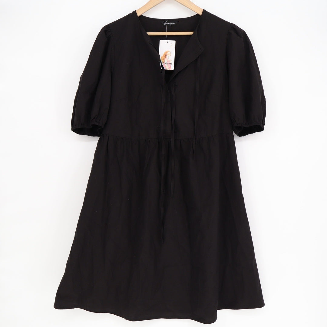 PrettyGarden Black Lyocell Cotton Tie Neck Puff Sleeve Babydoll Dress Large