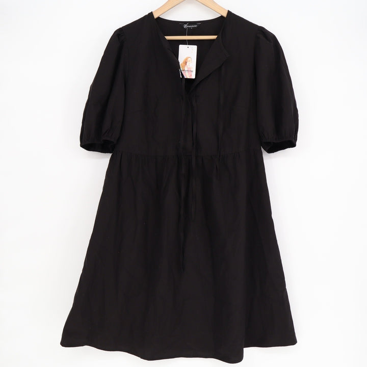 PrettyGarden Black Lyocell Cotton Tie Neck Puff Sleeve Babydoll Dress Large