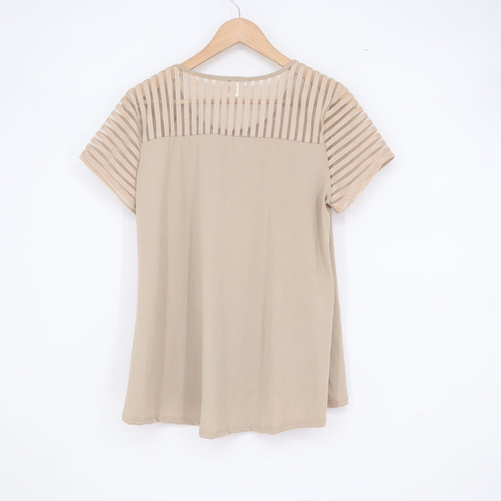 Jacqui Knapp Beige Short Sleeve Mesh Striped Yoke High Low Top XL