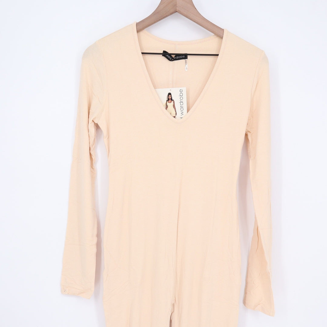 Naked Wardrobe Long Sleeve V-Neck Jumpsuit Peach Beige Size L NEW