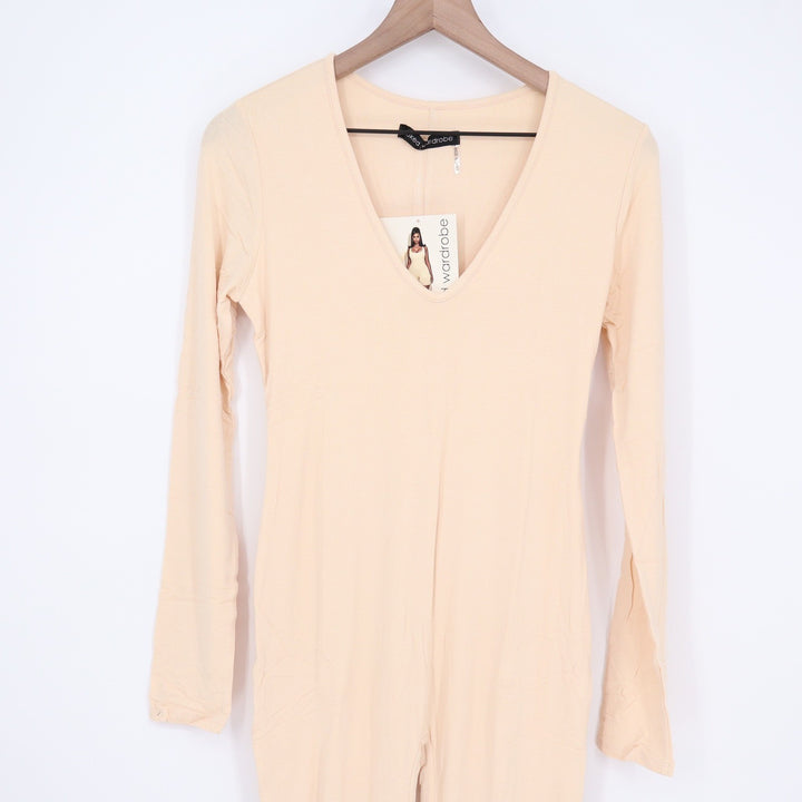 Naked Wardrobe Long Sleeve V-Neck Jumpsuit Peach Beige Size L NEW