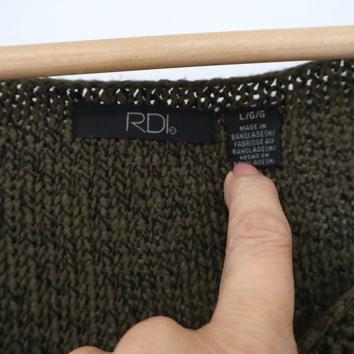 RDI Olive Green V-Neck Knit Sweater with Quilted Elbow Patches Large High-Low
