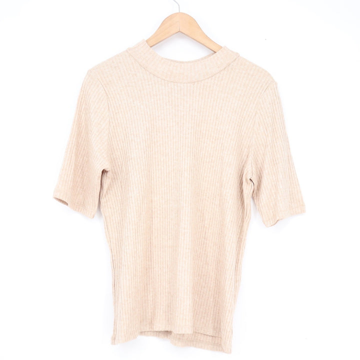 Calvin Klein Womens Ribbed Mock Neck Elbow Sleeve Top Oatmeal Beige L