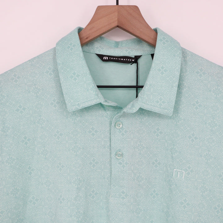 TravisMathew Acropolis Polo Shirt Mens Large Mint Green Geometric Tile
