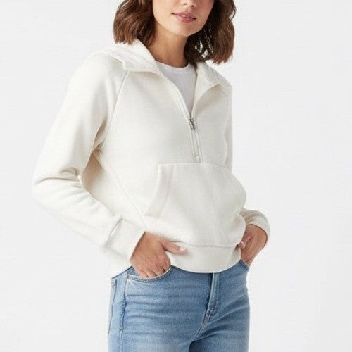 Athleta Crop Hoodie Womens S White Fleece Raglan Sleeve 1/2 Zip Kangaroo Pocket