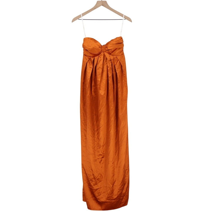 Lulus Memorable Entrance Maxi Dress Womens XS Rust Orange Satin Strapless Fitted