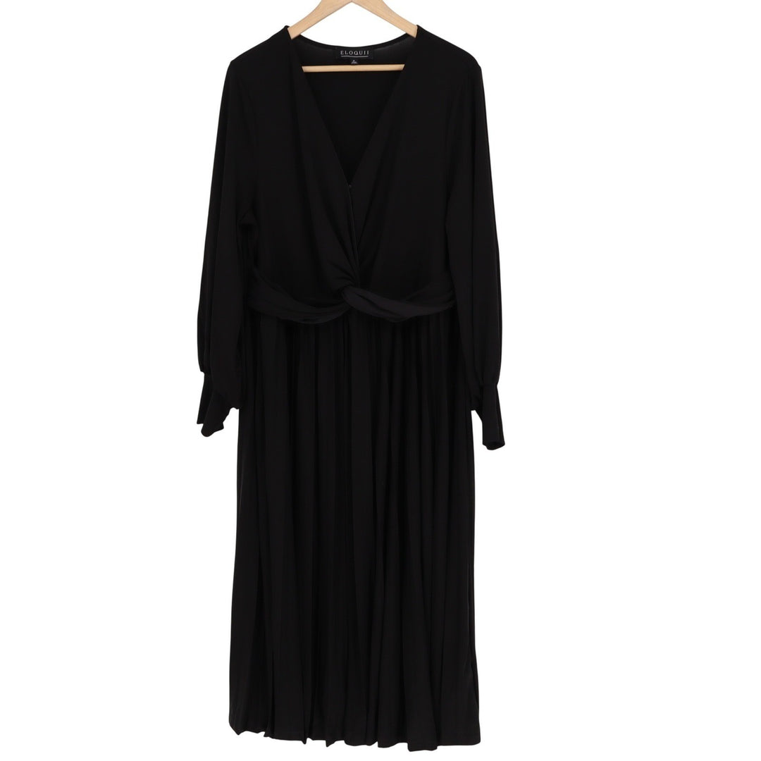 Eloquii Black Twist Front Pleated Midi Dress Plus Size 18 Long Sleeve V-Neck