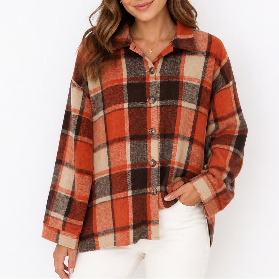 Orange Plaid Oversized Shacket Button Down Shirt Jacket XL Brown Cream Check