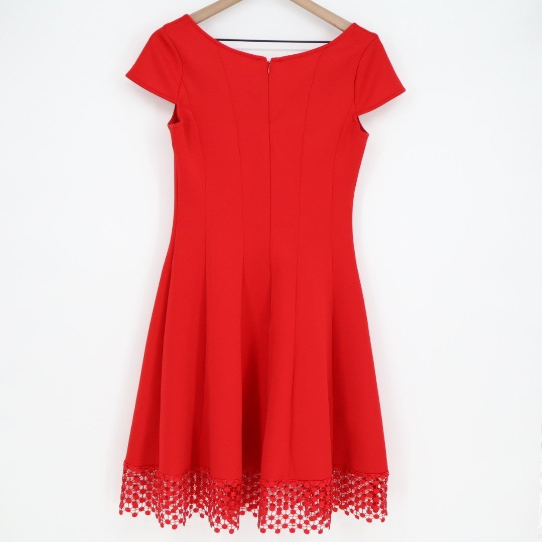 Donna Ricco Fit & Flare Dress Women 8 Red Stretch Back Zip Tulip Sleeve Lace Hem