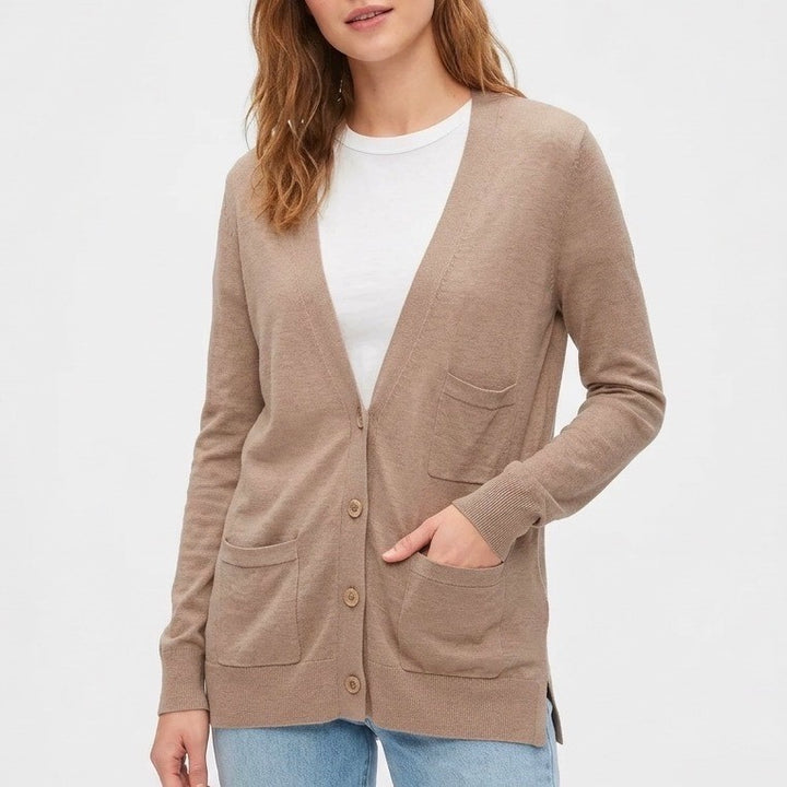 Gap Cardigan Sweater Womens Medium Brown Tight Knit Cotton V Neck Button Front