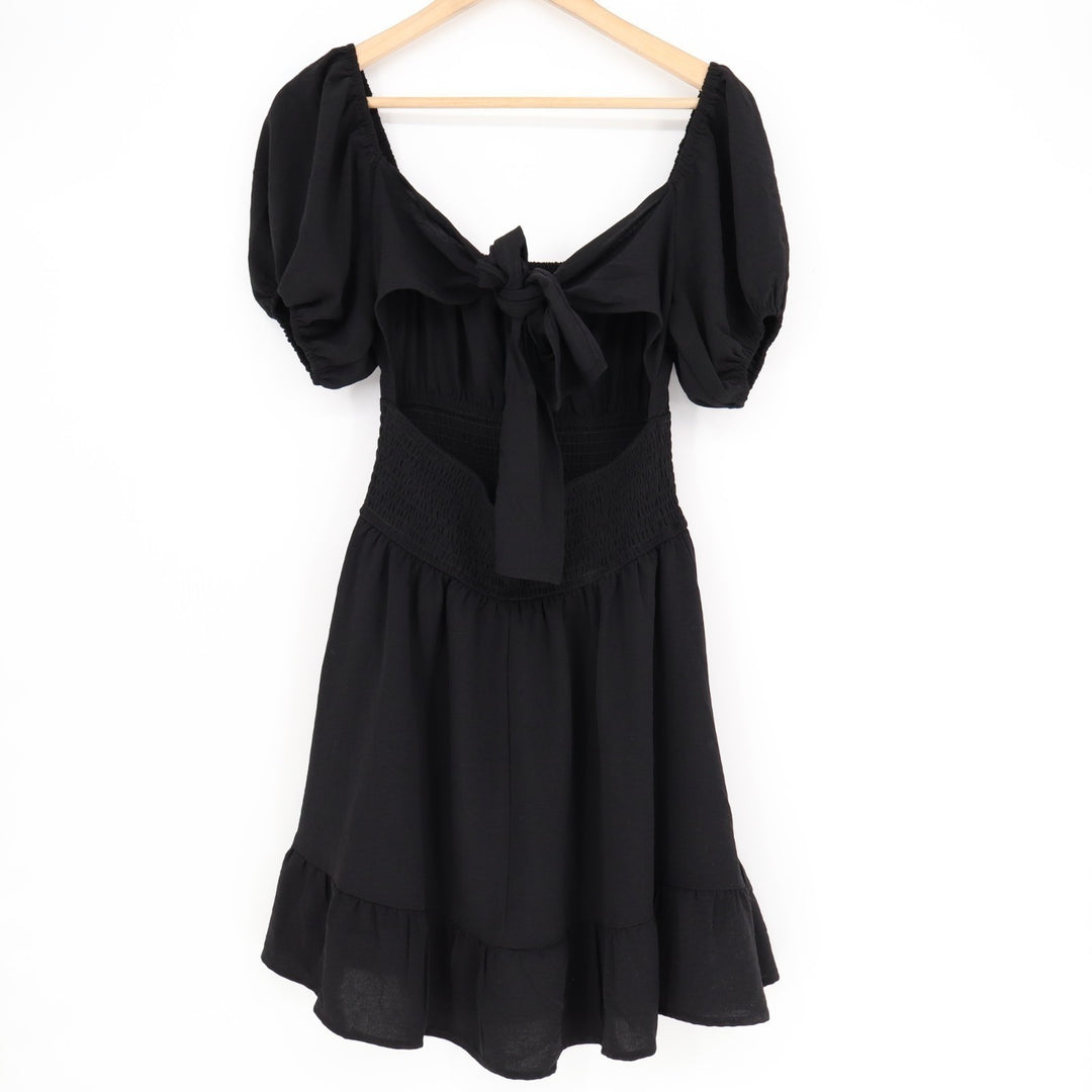 Hesperus Mini Dress Womens Medium Black Stretch Smocked Puff Sleeve Ruffle Hem