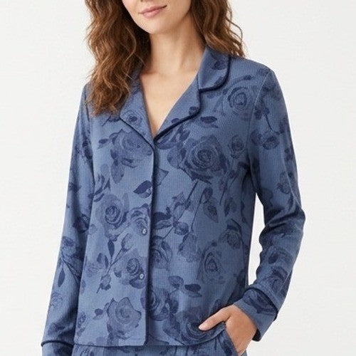 Roudelain Pajama Top Womens Medium Vintage Indigo Floral Print Stretch Ribbed