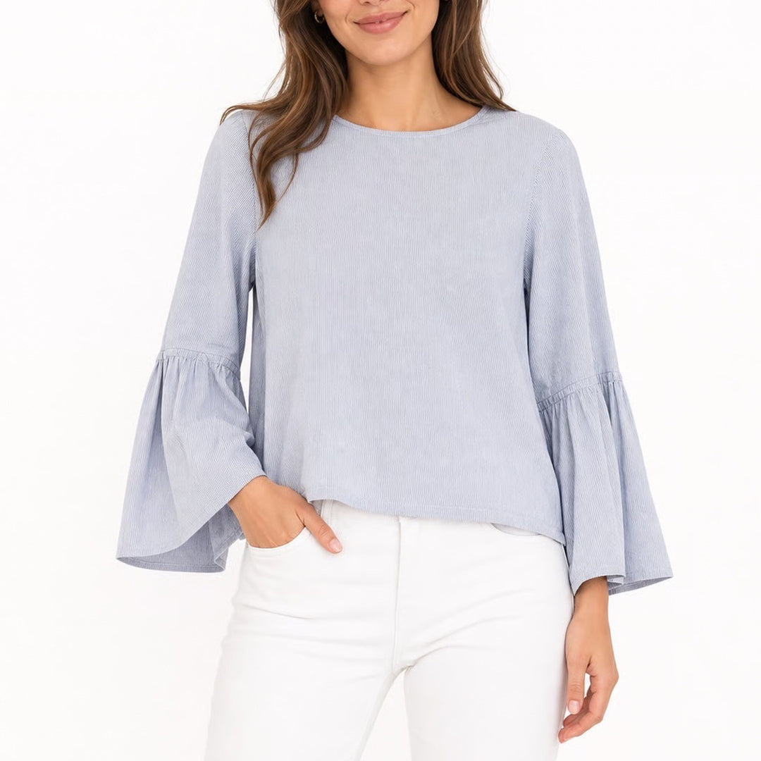 A New Day Blue White Pinstripe Bell Sleeve Blouse Womens Small