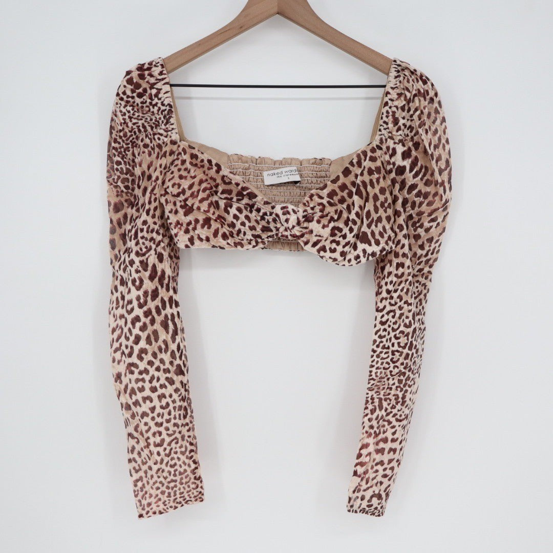 Naked Wardrobe Leopard Print Long Sleeve Crop Top Small Smocked Back