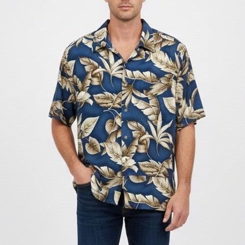 Croft & Barrow Mens Blue Tropical Leaf Print Short Sleeve Button Up Shirt Size L