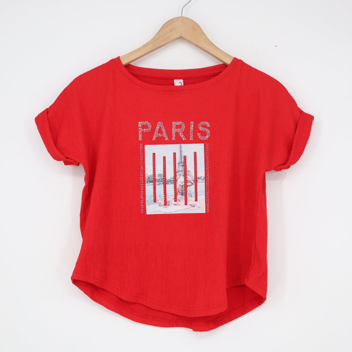 Mani Tree Red Paris Graphic T-Shirt Rhinestone Accents Cotton XL