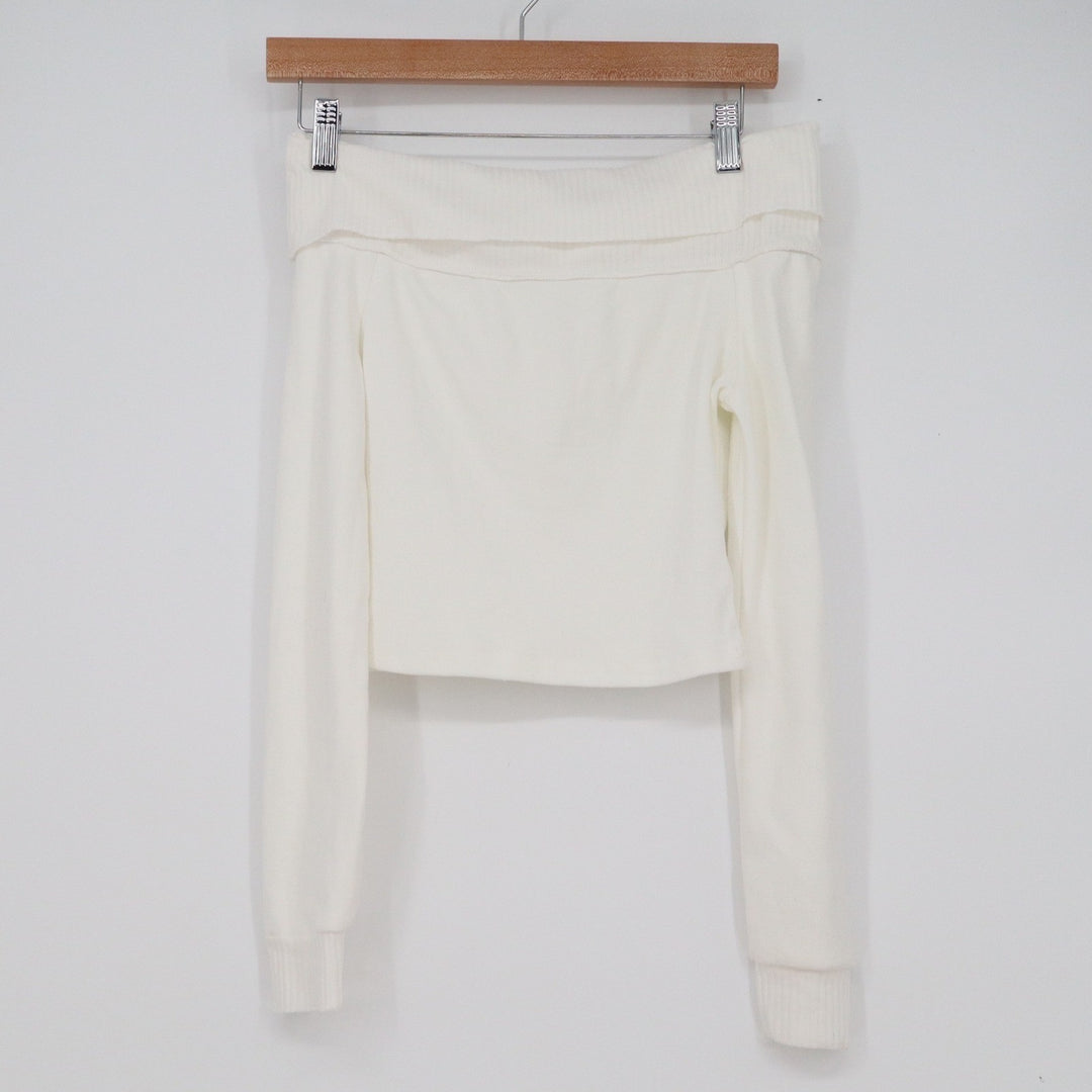 White Ribbed Off the Shoulder Long Sleeve Cropped Top Small Bardot Knit