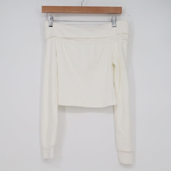 White Ribbed Off the Shoulder Long Sleeve Cropped Top Small Bardot Knit