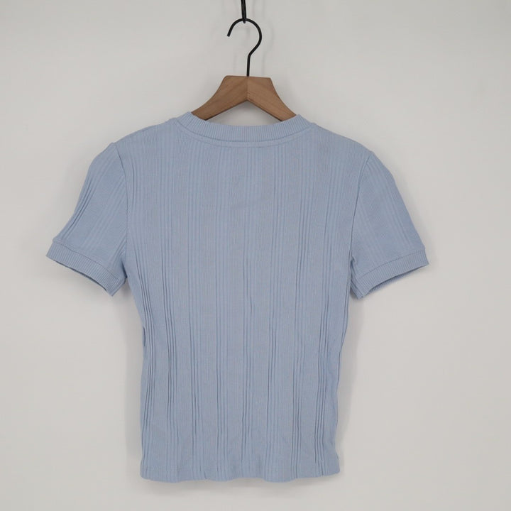 Zara Sweater Womens Small Light Blue Ribbed Knit Short Sleeve Crew Neck Pullover