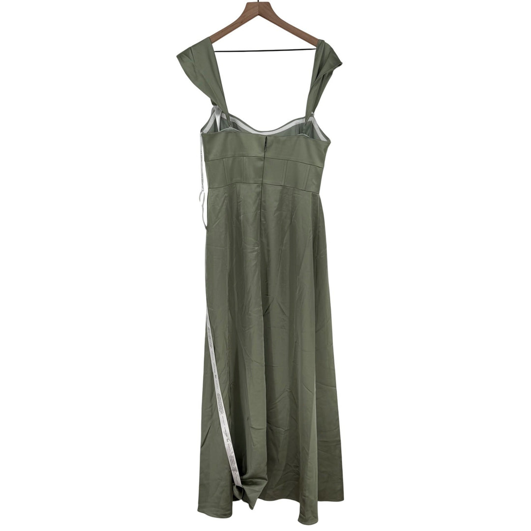 AFTER SIX Sage Green Satin Corset Drape Neck Off Shoulder Maxi Dress Size 12 R
