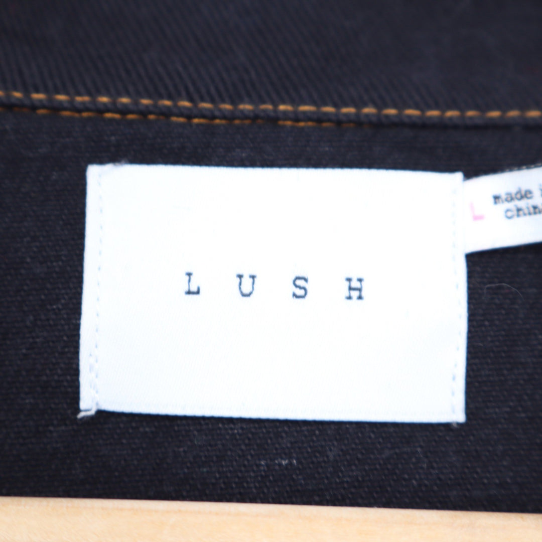 Lush Black Mixed Media Denim Trucker Jacket Raw Hem Contrast Stitch L