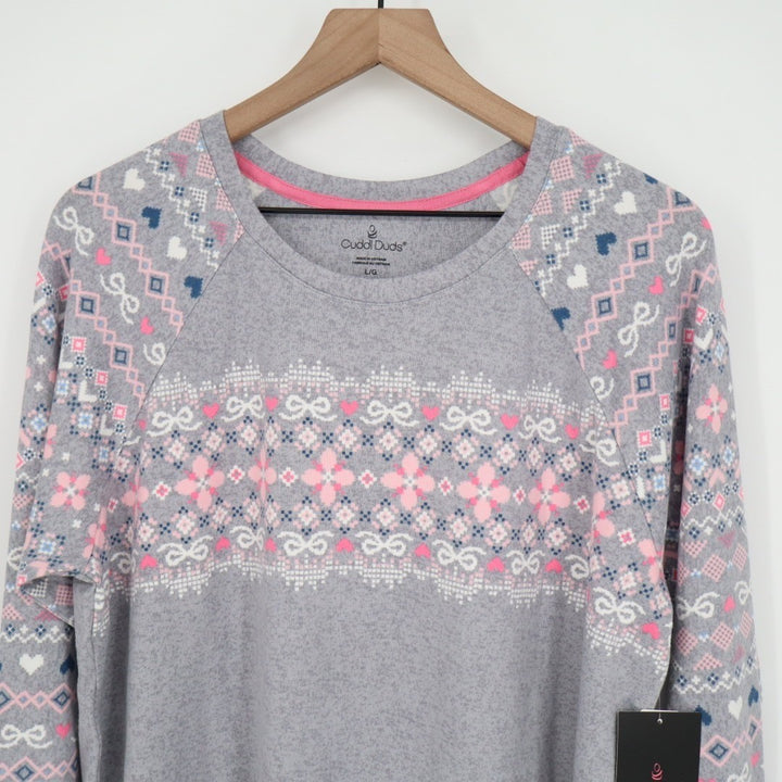 Cuddl Duds Pajama Top Womens Large Gray Floral Stretch Long Sleeve Crew Neck