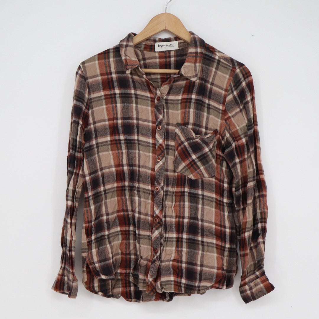Impressions Brown Tan Plaid Rayon Button Down Shirt Womens Large Long Sleeve