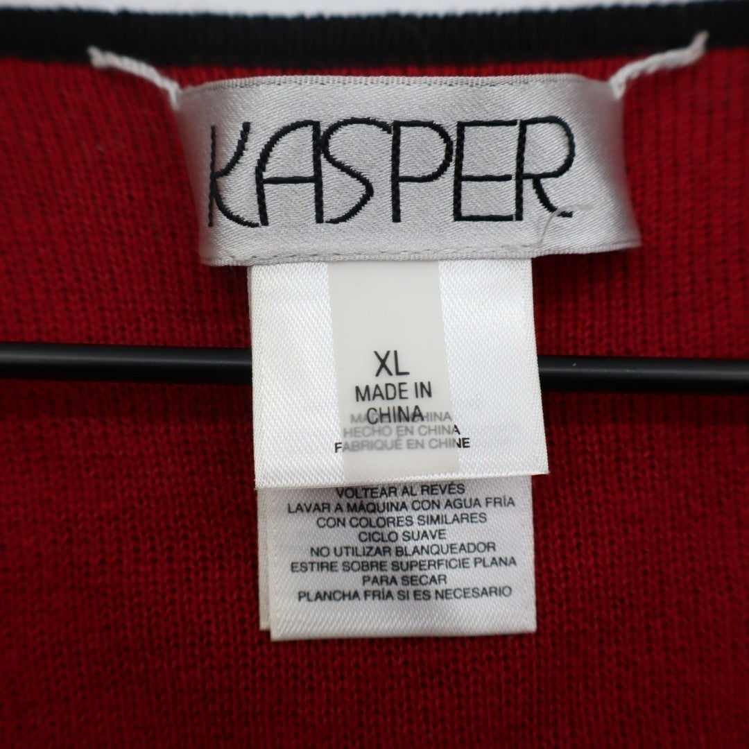 Kasper Jacket Womens XL Red Black Floral Jacquard Cotton Stretch Open Front