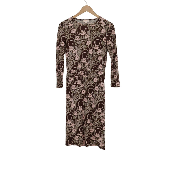 Tory Burch Silk Jersey Sheath Dress Brown Pink Art Nouveau Floral Poppy XS